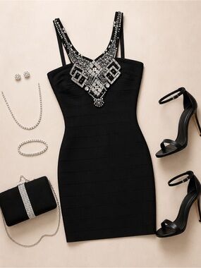 JS boutique Black Bandage Bodycon Mini Dress  Embellished Rhinestone Neckline